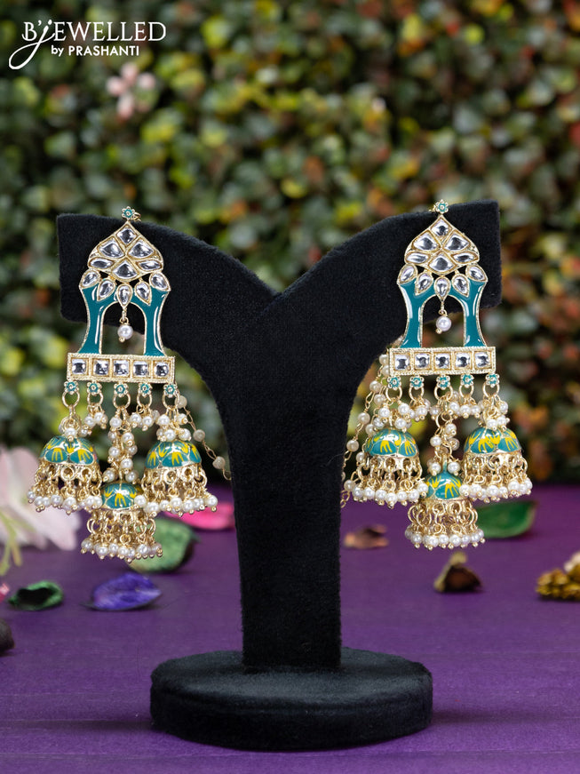 Fashion dangler teal blue minakari earrings with kundan stones and pearl hangings