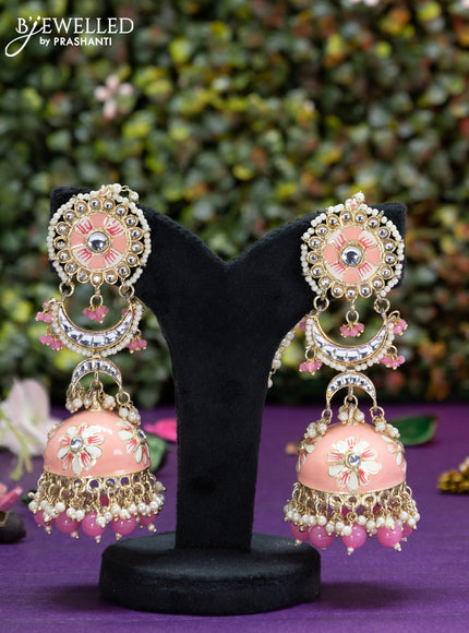 Fashion dangler chandbali peach minakari jhumka with kundan stones and beads hangings