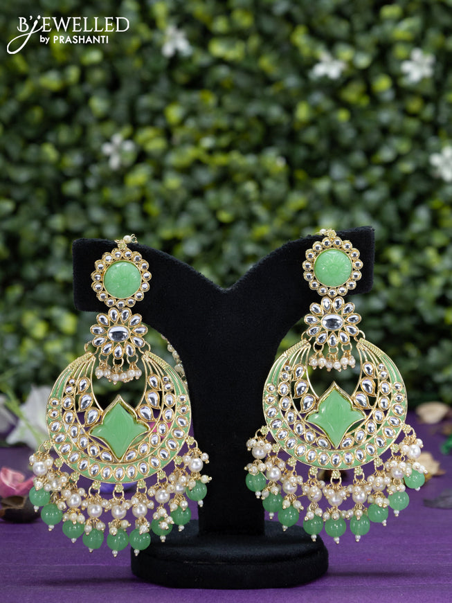 Fashion dangler chandbali light green minakari earrings with pearl and beads hangings