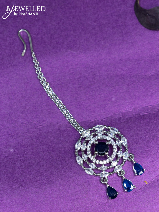 Zircon maang tikka with sapphire & cz stones and hangings