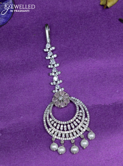 Zircon maang tikka with baby pink & cz stones and pearl hangings