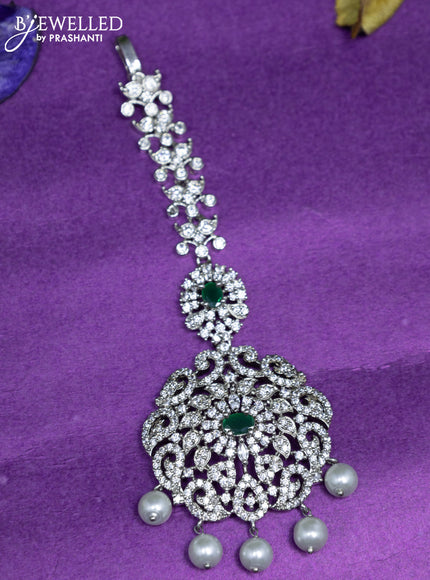 Zircon maang tikka with emerald & cz stones and pearl hangings