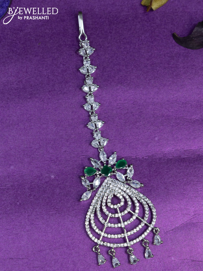 Zircon maang tikka with emerald & cz stones and hangings