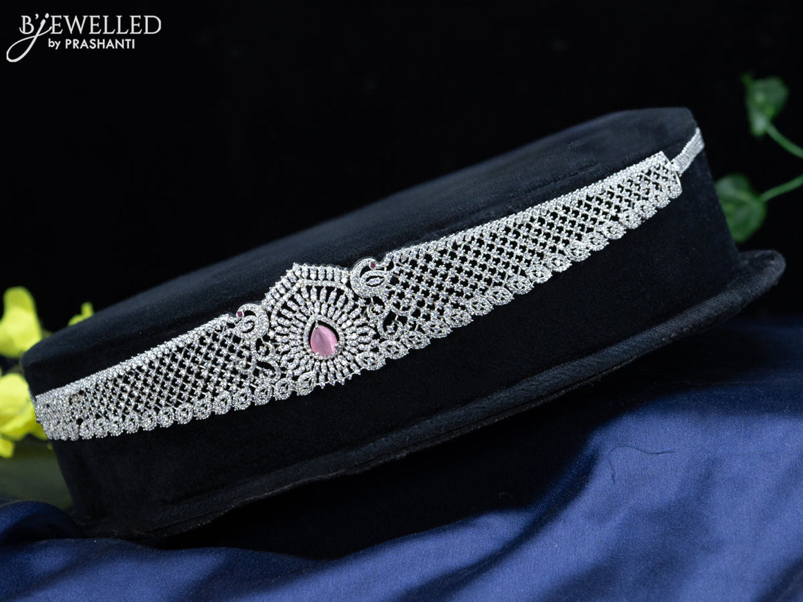 Zircon hip chain peacock design with baby pink and cz stones