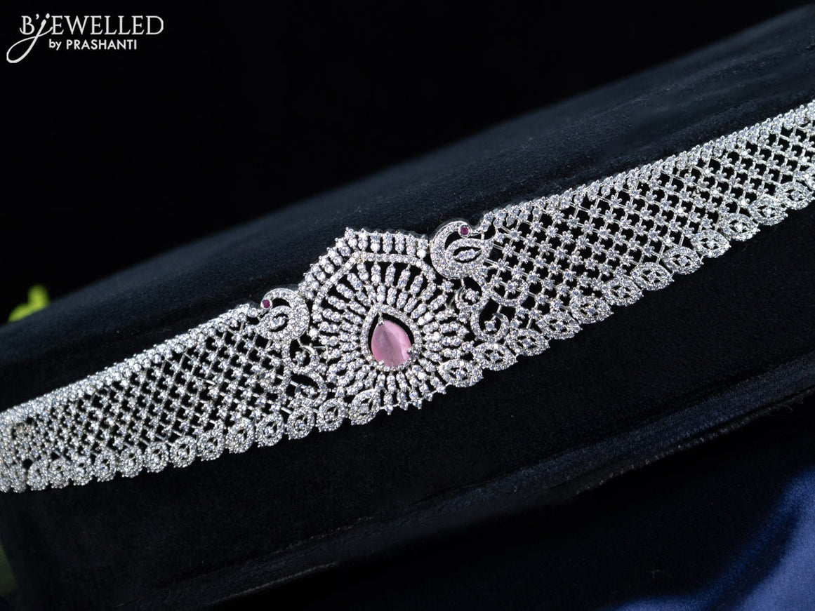 Zircon hip chain peacock design with baby pink and cz stones