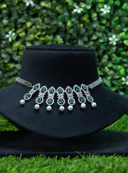 Zircon choker with emerald & cz stones and pearl hangings