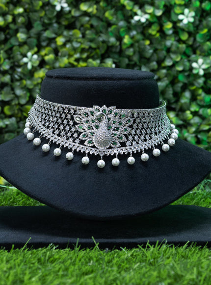 Zircon choker peacock design with emerald & cz stones and pearl hangings