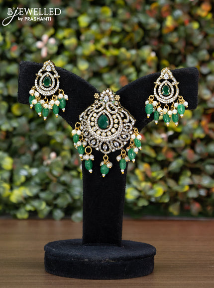 Victorian finish pendant set with emerald & cz stones and beads hangings