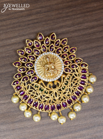 Antique pendant set lakshmi design with kemp & cz stone and pearl hangings