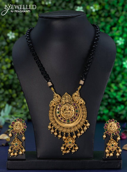 Black thread necklace kemp stones with lakshmi pendant and golden beads hangings