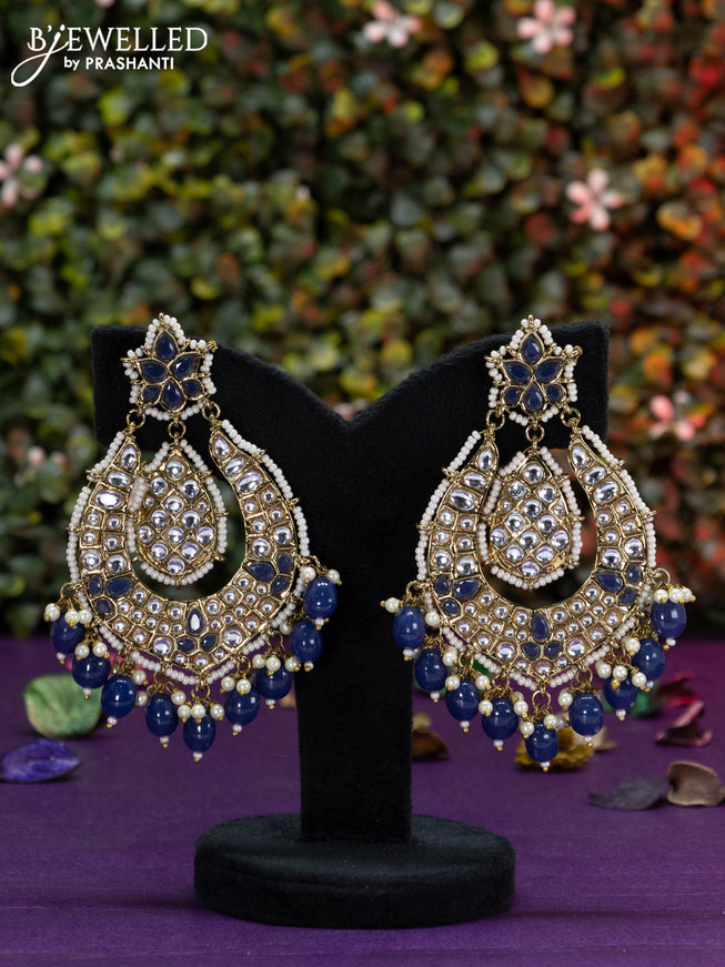 Fashion dangler dark blue minakari earrings with kundan stones beads hangings