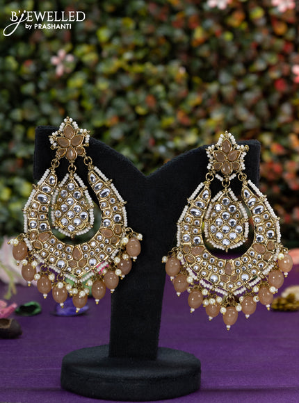 Fashion dangler chanbali peach minakari earrings with kundan stones beads hangings