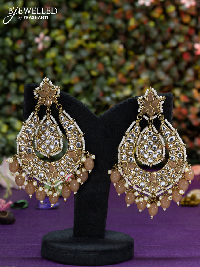 Fashion dangler chanbali peach minakari earrings with kundan stones beads hangings