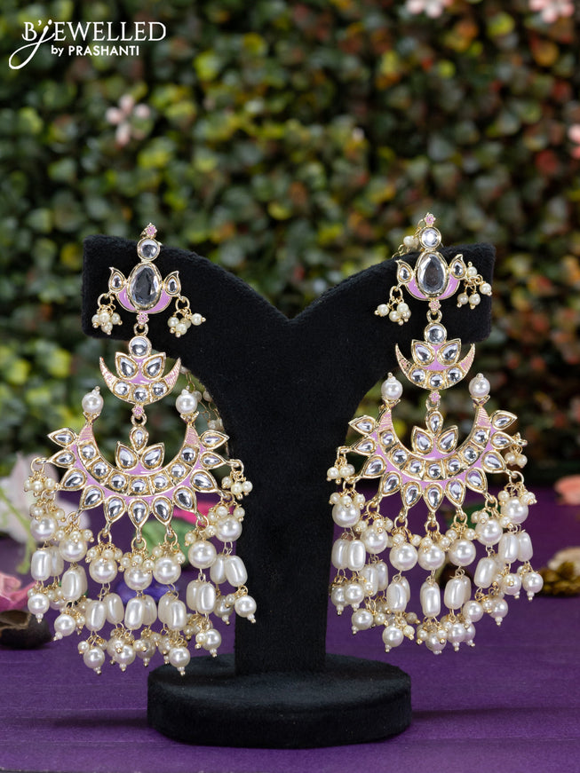 Fashion dangler baby pink earrings chandbali design with kundan stones and beads hangings