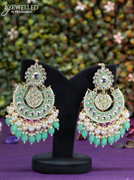 Fashion dangler chanbali teal green minakari earrings with kundan stones and beads hangings