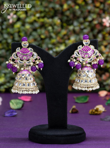 Fashion dangler purple minakari jhumka with kundan stones and beads hangings