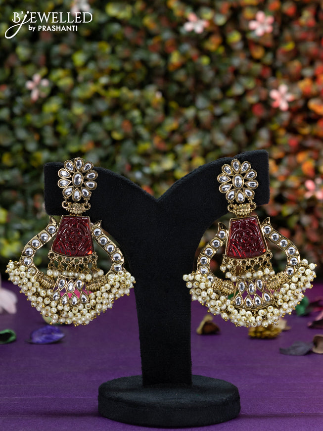 Fashion dangler maroon earrings with cz stones and pearl hangings