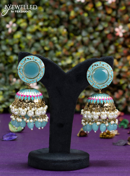 Fashion dangler teal blue minakari jhumka with pearl and beads hangings