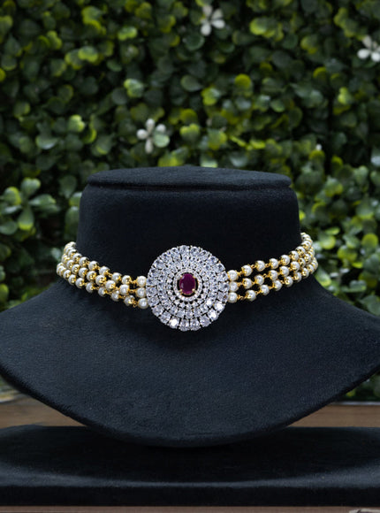 Pearl choker with ruby and cz stones