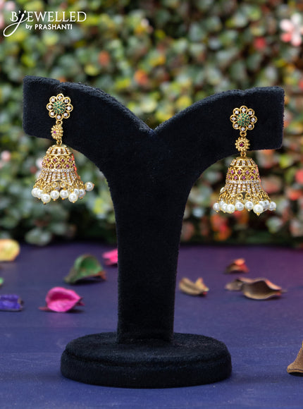 Antique jhumka with kemp & cz stones and pearl hangings