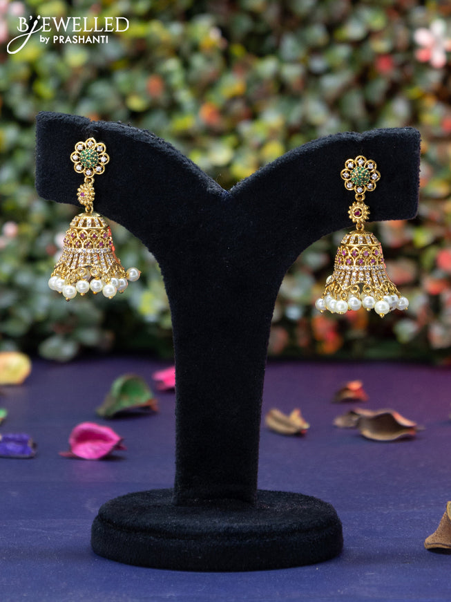 Antique jhumka with kemp & cz stones and pearl hangings