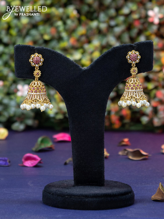 Antique jhumka with pink kemp & cz stones and pearl hangings