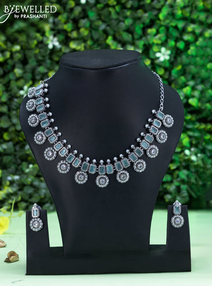 Oxidised necklace with mint green & cz stones and pearls