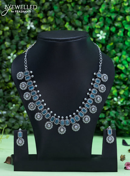 Oxidised necklace with blue & cz stones and pearls