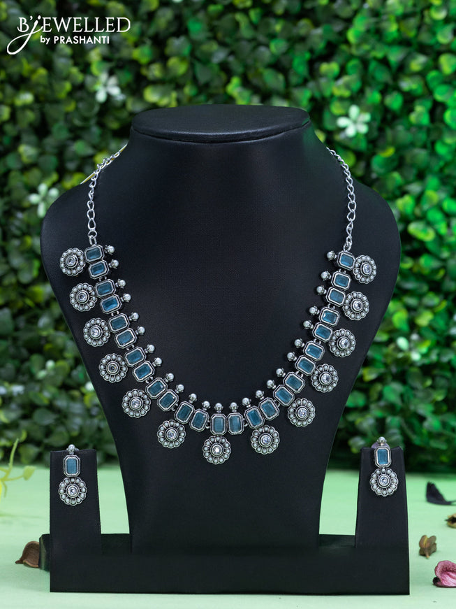 Oxidised necklace with blue & cz stones and pearls