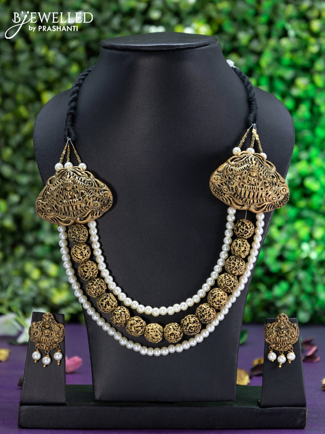 Teracotta triple layer lakshmi and rudhraksha design necklace with pearls