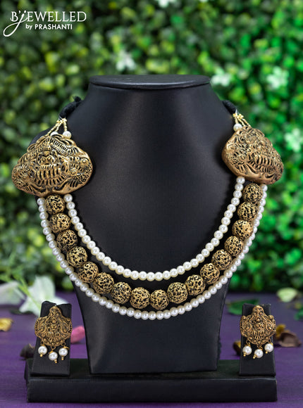 Teracotta triple layer lakshmi and rudhraksha design necklace with pearls