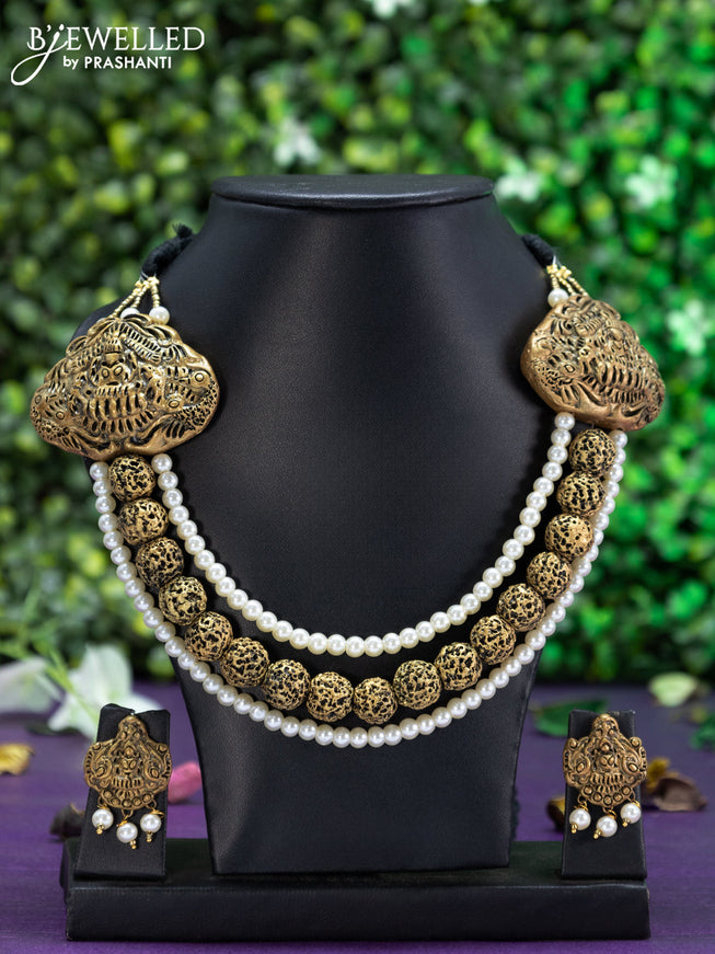 Teracotta triple layer lakshmi and rudhraksha design necklace with pearls