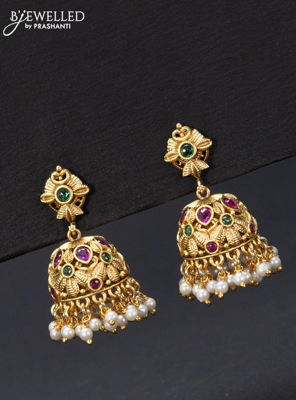 Antique jhumka with kemp stones and pearl hangings