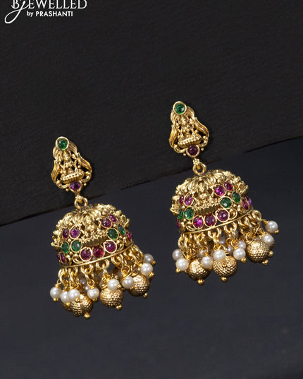 Antique jhumka lakshmi design with kemp stones and golden beads hangings