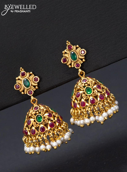 Antique jhumka floral design with kemp stones and pearl hangings