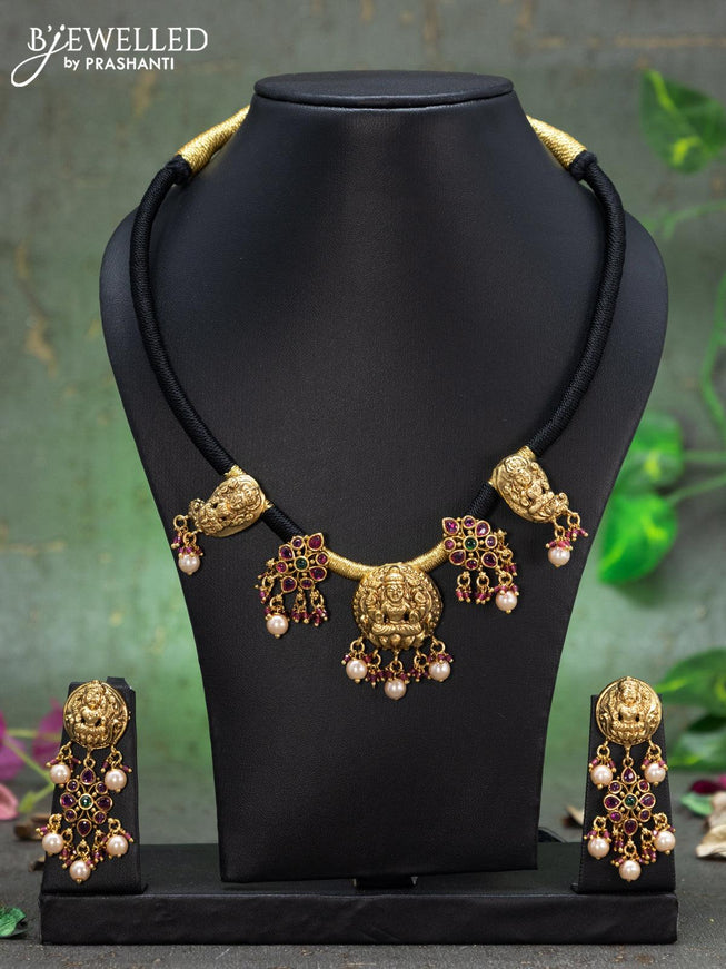 Black thread necklace kemp stones with lakshmi pendant and pearl hangings