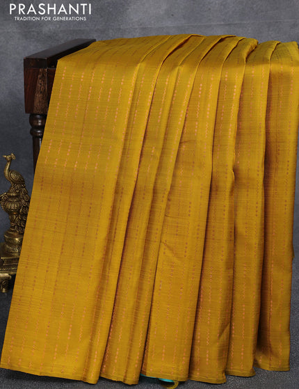 Pure kanjivaram silk saree mustard yellow and teal blue with allover copper zari weaves in borderless style