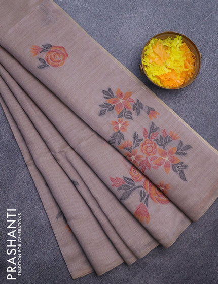 Munga cotton saree grey shade and mustard shade with allover thread woven floral weaves in borderless style