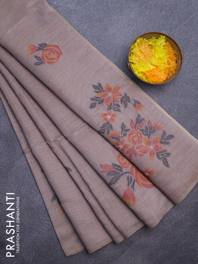 Munga cotton saree grey shade and mustard shade with allover thread woven floral weaves in borderless style