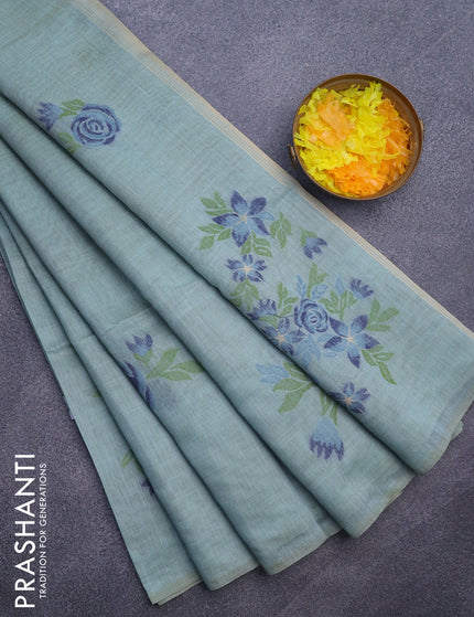 Munga cotton saree teal blue shade and dark blue with allover thread woven floral weaves in borderless style