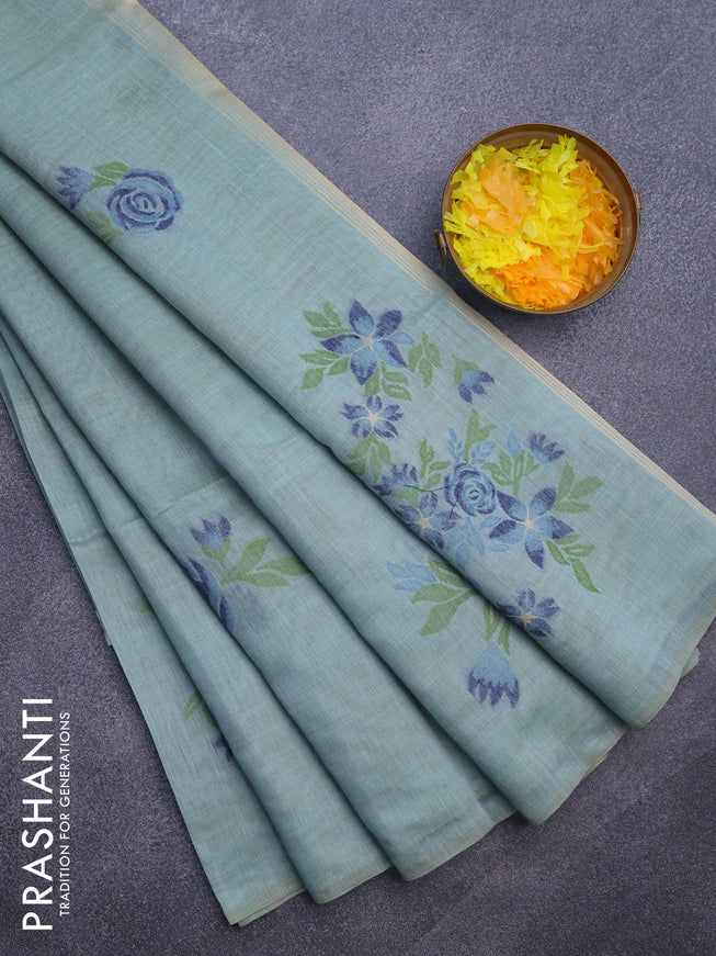 Munga cotton saree teal blue shade and dark blue with allover thread woven floral weaves in borderless style