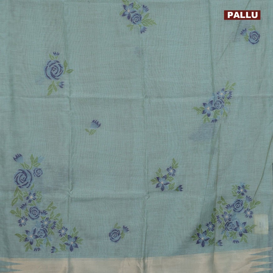 Munga cotton saree teal blue shade and dark blue with allover thread woven floral weaves in borderless style