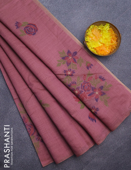 Munga cotton saree mauve pink and dark blue with allover thread woven floral weaves in borderless style