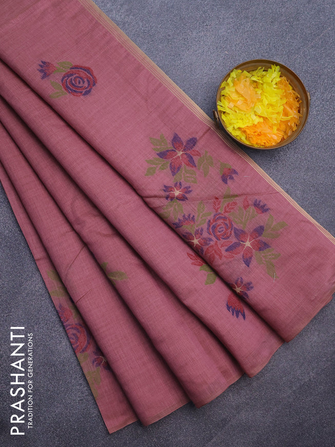 Munga cotton saree mauve pink and dark blue with allover thread woven floral weaves in borderless style