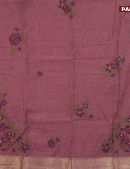 Munga cotton saree mauve pink and dark blue with allover thread woven floral weaves in borderless style