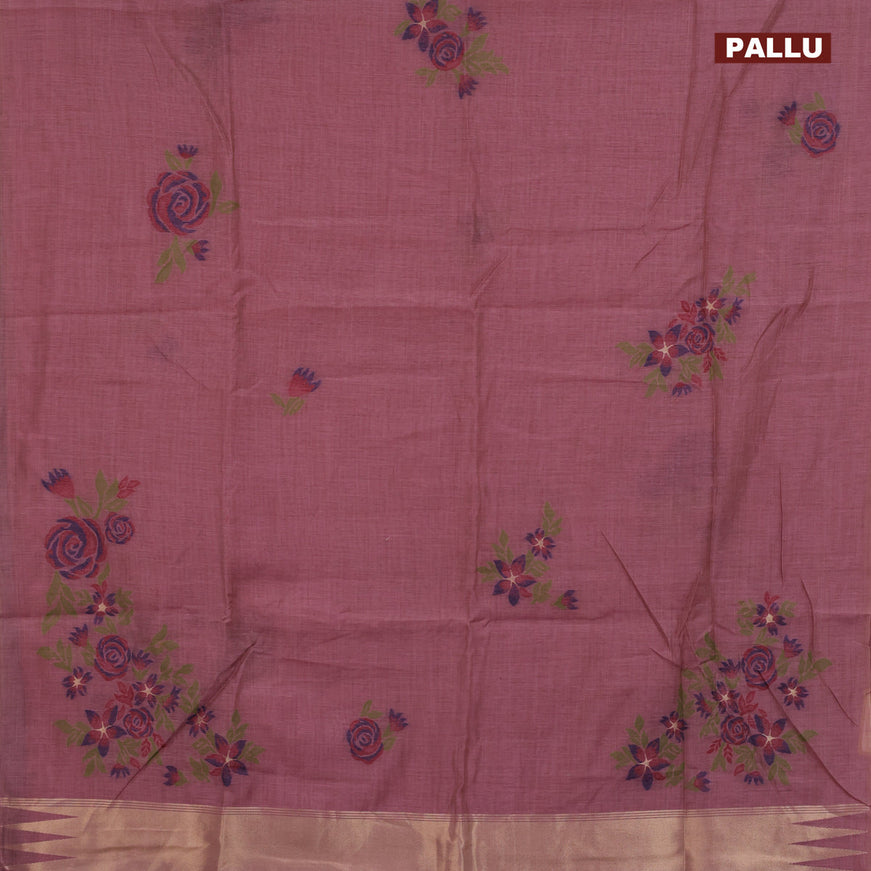 Munga cotton saree mauve pink and dark blue with allover thread woven floral weaves in borderless style