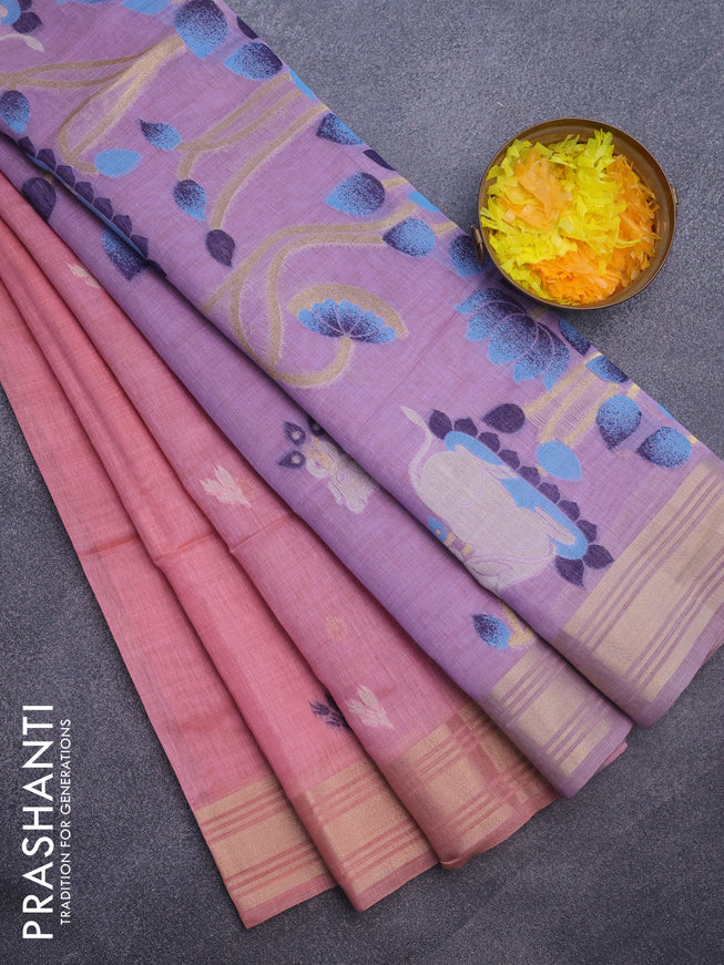 Munga cotton saree peach pink and lavender shade with zari woven buttas and zari woven border