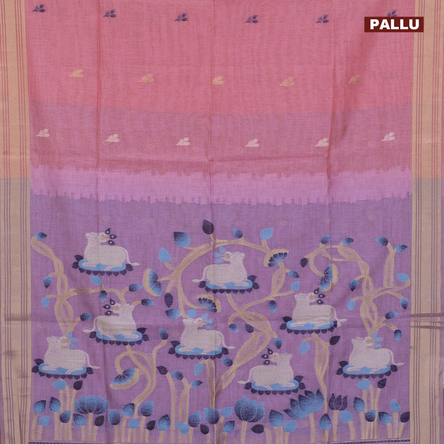 Munga cotton saree peach pink and lavender shade with zari woven buttas and zari woven border