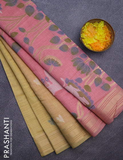 Munga cotton saree yellow and peach pink with zari woven buttas and zari woven border