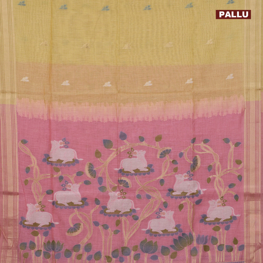 Munga cotton saree yellow and peach pink with zari woven buttas and zari woven border